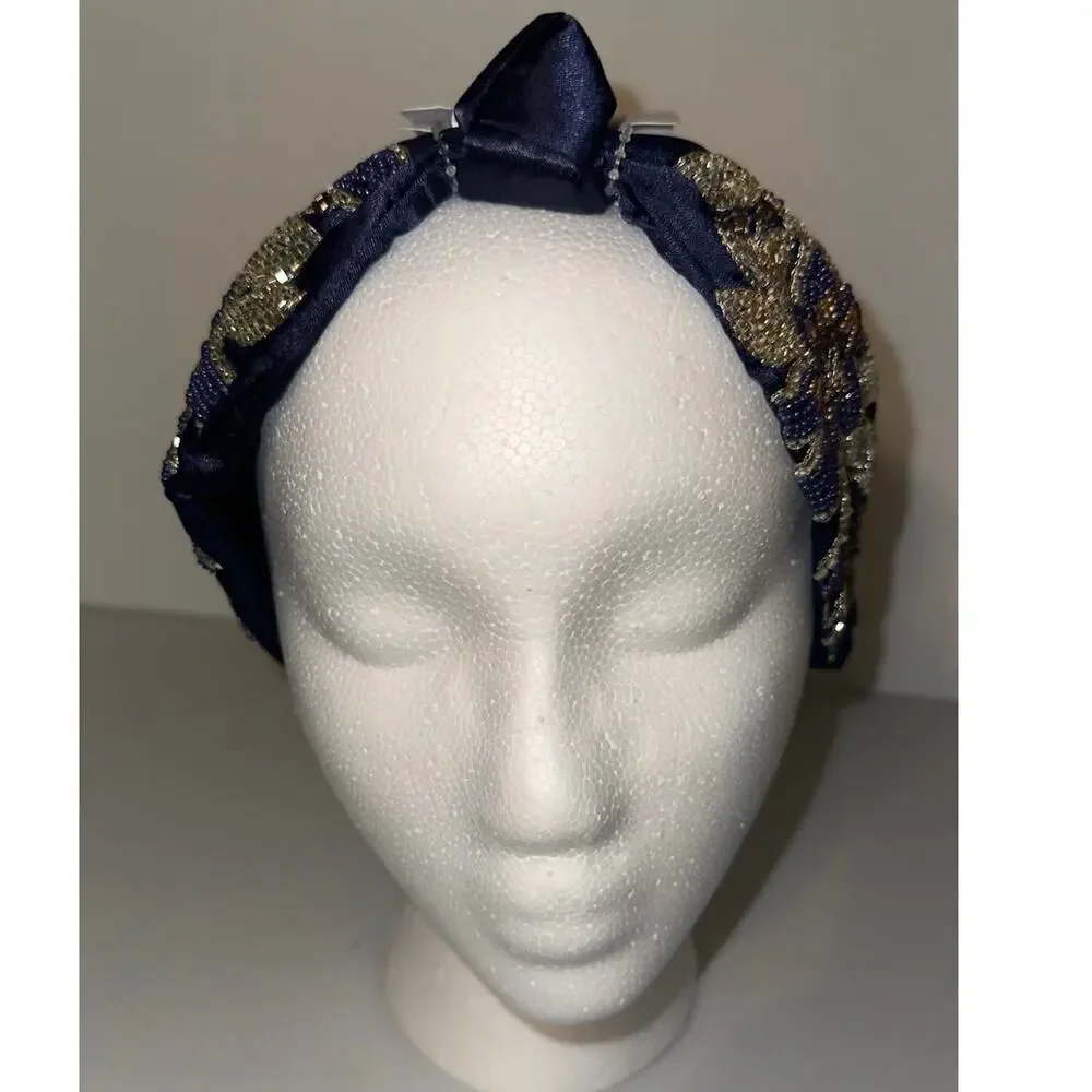 Embellished Beaded Floral Knot Headband – Navy Blue & Gold NWT